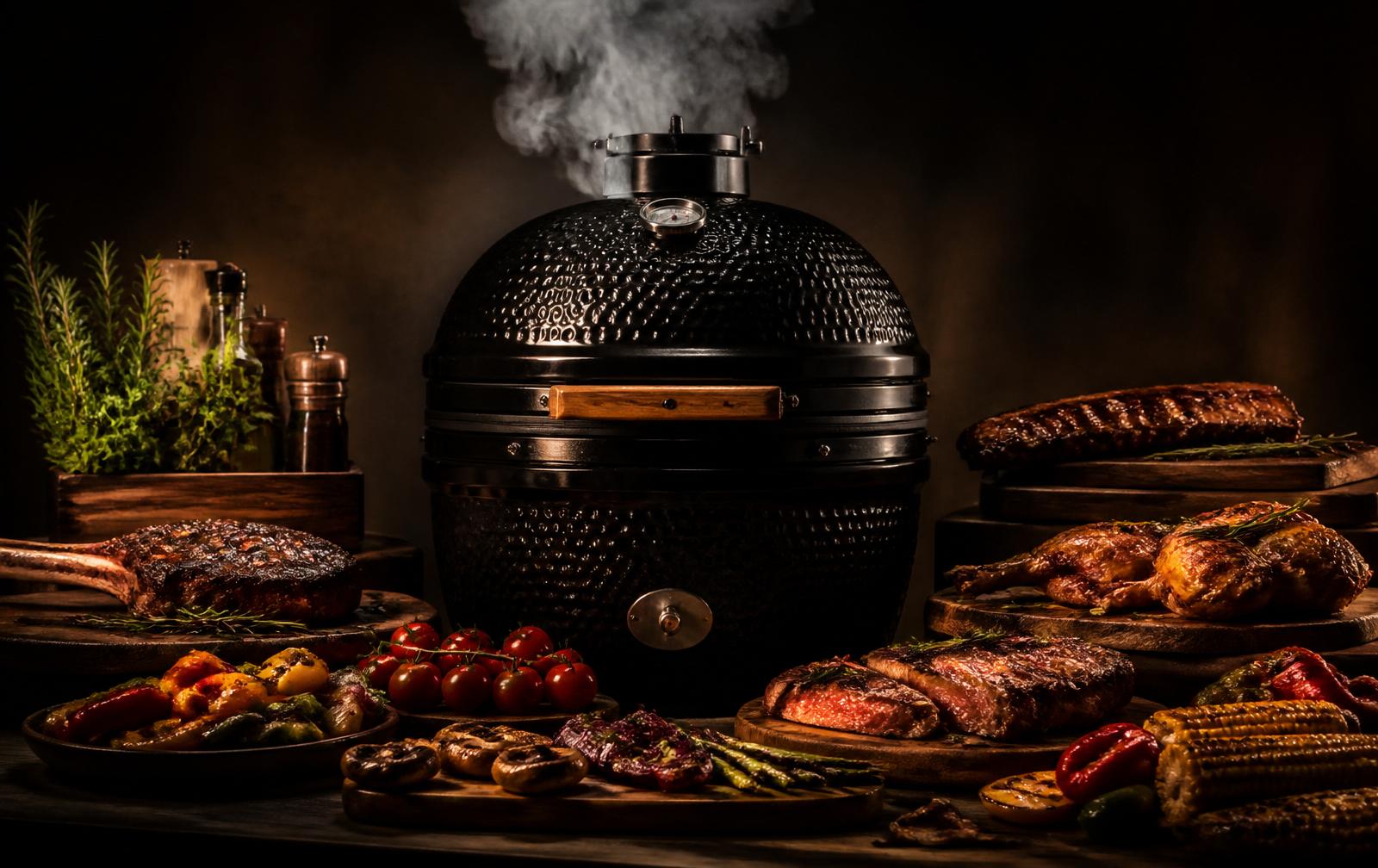 Grill kamado z mięsem i grzybami